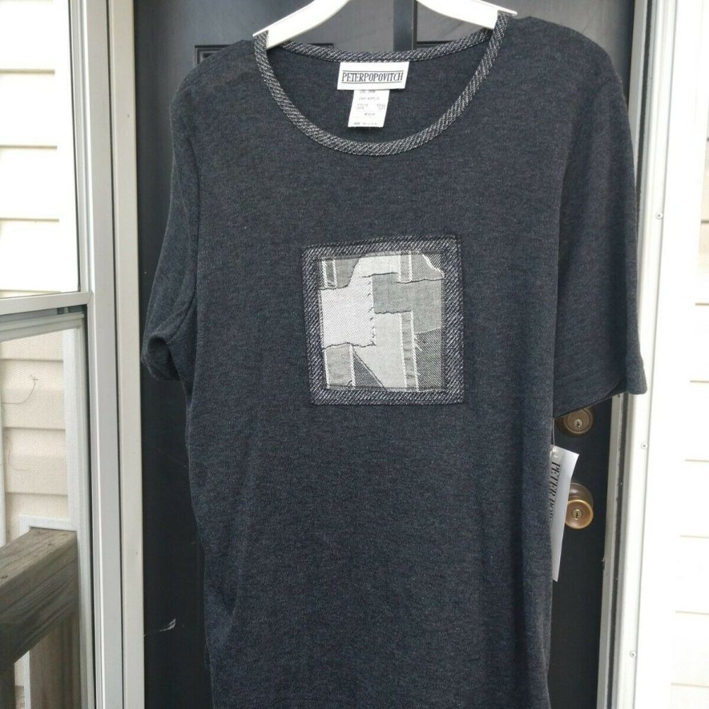 NWT Peter Popovitch Short Sleeves Knit Top Medium Black & Gray